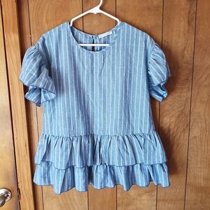 Veveret Blue White Striped Ruffle Peplum Top Women’s Size Small Boho